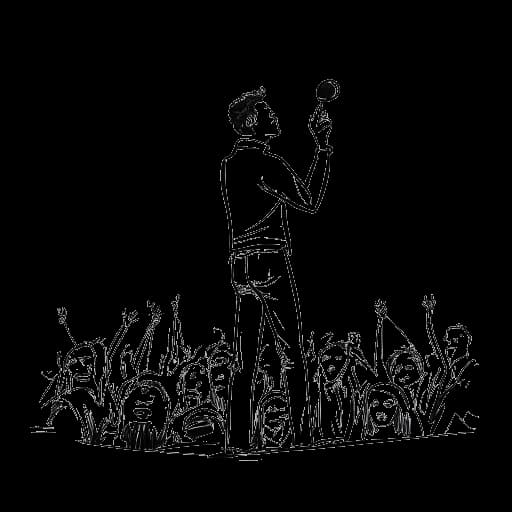 Line art drawing of a man, representing Elvis Presley, captivating a sold-out concert audience with his charisma, all against a white backdrop.