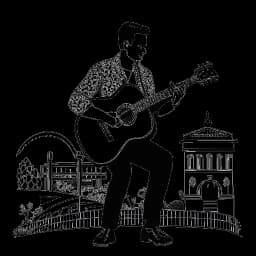 Line art drawing of a man with a guitar, representing Elvis Presley, symbolizing cultural impact and legacy, with Graceland in the background, all against a white backdrop.