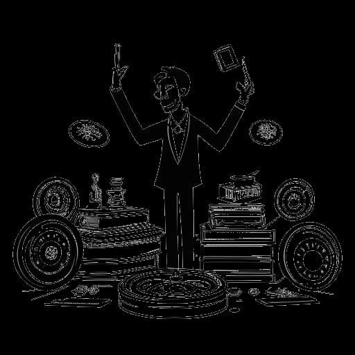 Line art drawing of a man, representing Elvis Presley, receiving a Grammy Award, surrounded by records symbolizing his record-breaking sales, all against a white backdrop.