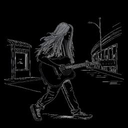 Line art drawing of a boy, representing Elvis Presley, beginning his music journey on the streets of Tupelo, Mississippi, all against a white backdrop.