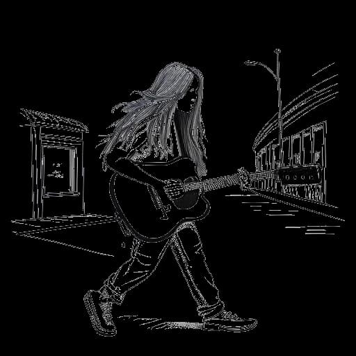 Line art drawing of a boy, representing Elvis Presley, beginning his music journey on the streets of Tupelo, Mississippi, all against a white backdrop.