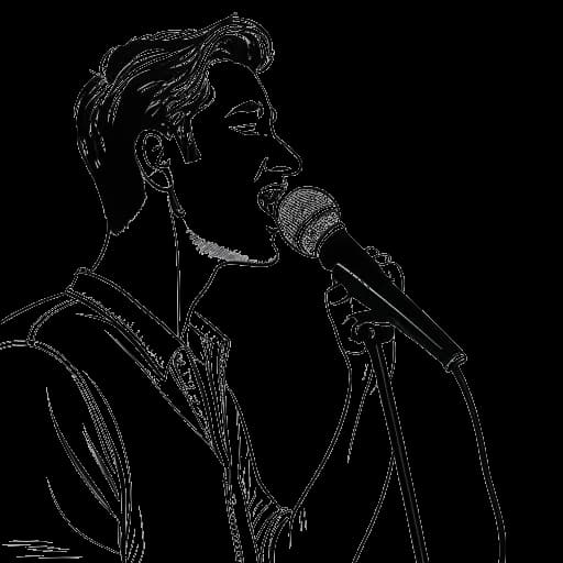 Line art drawing of a young man singing into a microphone in a recording studio, representing Elvis Presley's first recording at Memphis Recording Service.