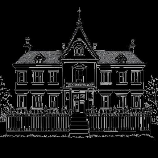 Line art drawing of a mansion with a fence and gates in the foreground, representing Elvis Presley's Graceland estate where he died unexpectedly in 1977.