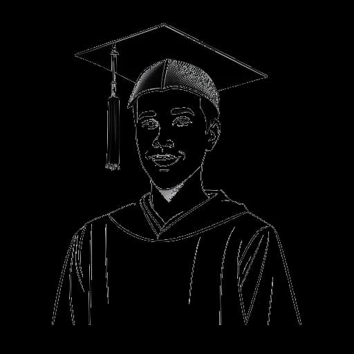 Line art drawing of a young man wearing a cap and gown and holding a diploma, representing Elvis Presley's graduation from L.C. Humes High School in 1953.