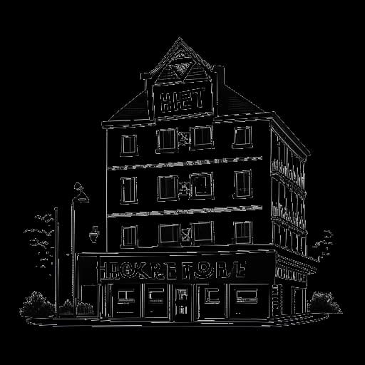Line art drawing of a hotel sign with 'Heartbreak Hotel' written on it and a large '1' next to it, representing Elvis Presley's debut single reaching #1 in 1956.