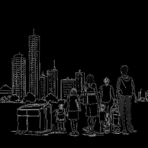 Line art drawing of a family walking towards a city skyline, representing Elvis Presley's move to Memphis, Tennessee in 1948.
