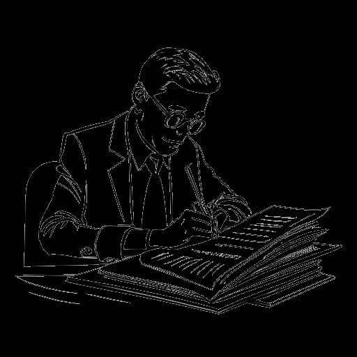 Line art drawing of a man signing a contract with a large stack of money in the background, representing Elvis Presley's signing with RCA Victor for a record amount in 1955.