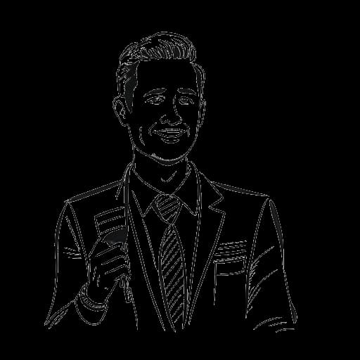 Desenho de arte em linha de um homem, representando Mike Majlak, ganhando reconhecimento por conduzir entrevistas com celebridades