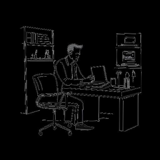 Desenho de arte em linha de um homem, representando Mike Majlak, trabalhando como gerente de marketing para uma varejista de móveis
