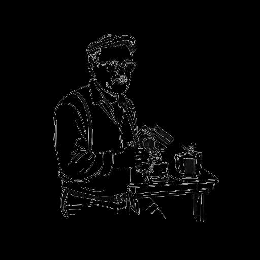 Desenho de arte em linha de um homem, representando Mike Majlak, fundando seu negócio de fotografia