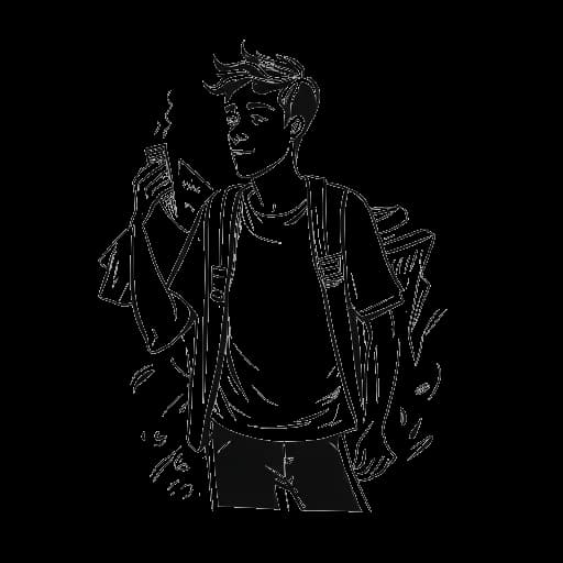 Desenho de arte em linha de um jovem, representando Mike Majlak, desistindo da universidade e ficando sóbrio