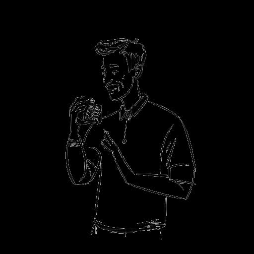 Desenho de arte em linha de um homem, representando Mike Majlak, com excelentes habilidades de interação social e fotografia