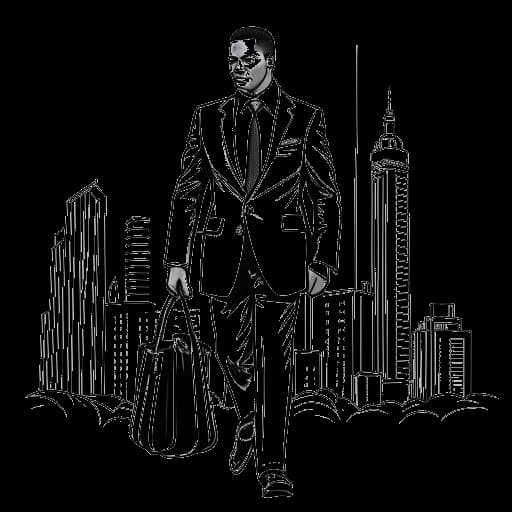 Line art drawing of a man, representing Chris Brown, wearing a suit and tie, holding a briefcase, as he walks confidently towards a city skyline filled with skyscrapers. The image is in black and white against a white backdrop.