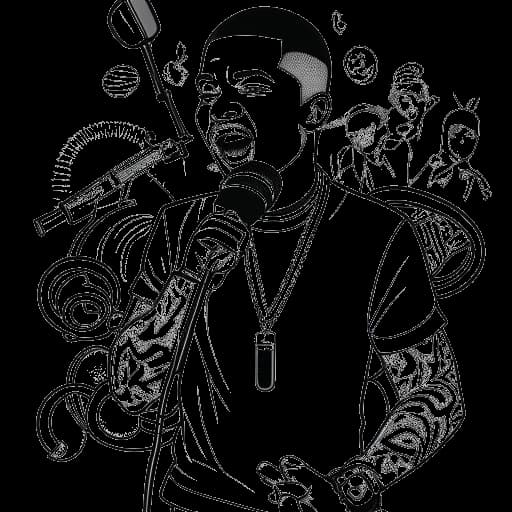 Lijnkunsttekening van een man, die Chris Brown vertegenwoordigt, met een microfoon. Om hem heen zijn muzieknoten, dollartekens en zakelijke symbolen te zien, alles tegen een witte achtergrond.