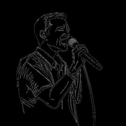Lijnart-tekening van Chris Brown die een microfoon vasthoudt en zijn album 'Exclusive'