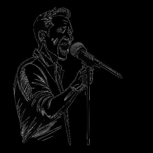 Lijnart-tekening van Chris Brown die een microfoon vasthoudt en zijn hit singles 'Kiss Kiss', 'With You', en 'Forever'