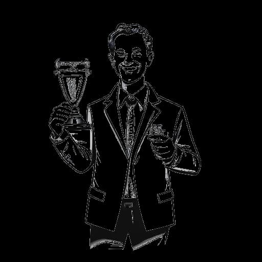 Lijnart-tekening van Chris Brown die meerdere prijzen vasthoudt, waaronder een Grammy Award en BET Awards