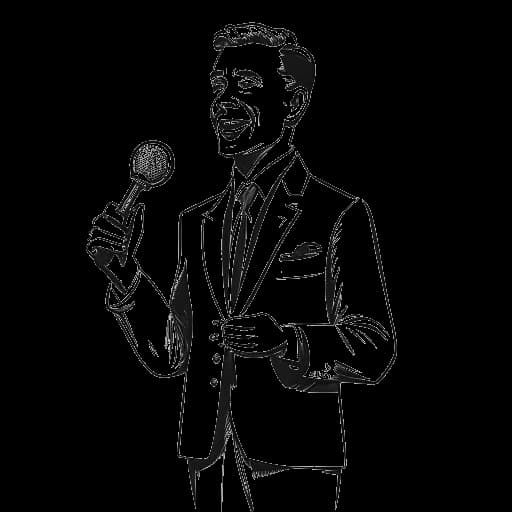 Lijnart-tekening van Chris Brown die een microfoon en een trofee vasthoudt voor zijn debuutsingle 'Run It!' die nummer één bereikte op de Billboard Hot 100