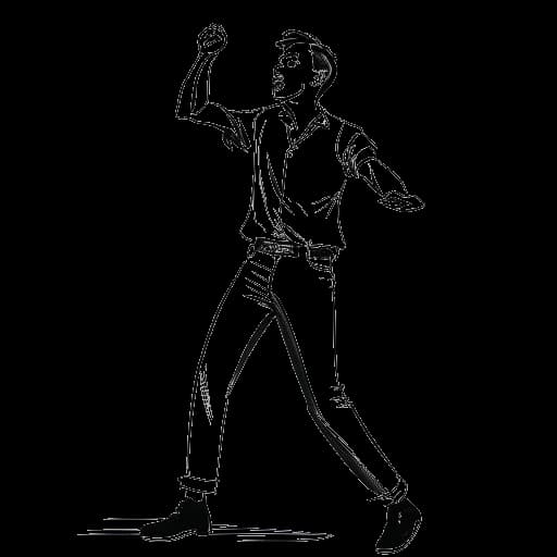 Lijnart-tekening van Chris Brown als jonge man, die zichzelf zingen en dansen leert