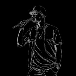 Line art illustrating a man, signifying Capital Bra's entry and success in the rap scene including his significant performance at 'Rap am Mittwoch' and his successful albums, symbolizing his rise in the music industry.