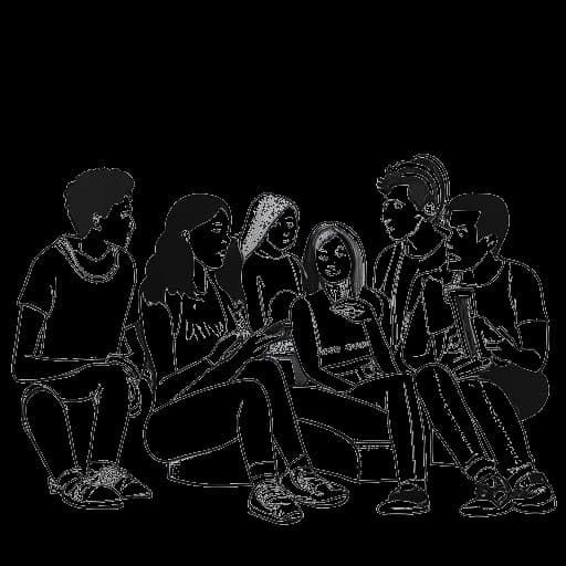 Strichzeichnung einer Gruppe junger Menschen, die Musik hören, mit einem gebrochenen Pillensymbol, das Tilidin im Hintergrund symbolisiert, und so die Songs von Capital Bra widerspiegelt, die den Tilidin-Trend reflektieren.
