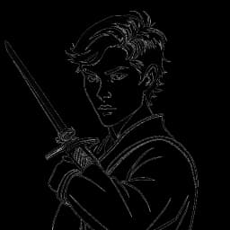 Line art drawing of a young man, representing Technoblade (Alexander), with a competitive gaze, wielding a fencing sword.