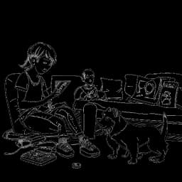 Line art drawing of a person with their family playing Minecraft, with the person using a racing wheel controller. A pet dog is sitting nearby, creating a wholesome atmosphere.