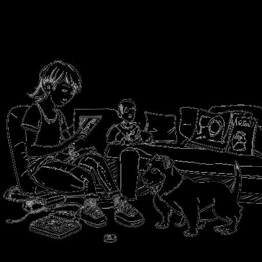 Line art drawing of a person with their family playing Minecraft, with the person using a racing wheel controller. A pet dog is sitting nearby, creating a wholesome atmosphere.