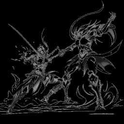 Line art drawing of an intense PvP battle between two Minecraft players, representing Technoblade and Dream, engaged in an epic clash.