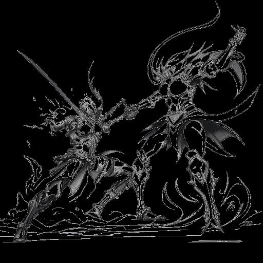 Line art drawing of an intense PvP battle between two Minecraft players, representing Technoblade and Dream, engaged in an epic clash.