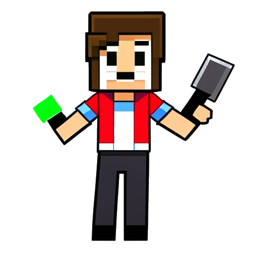 Dibujo en arte lineal de un hombre con ojos marrones oscuros y cabello castaño, vestido con ropa informal, sosteniendo un emblema de YouTube en una mano y una espada en la otra. El fondo transita sin problemas entre elementos temáticos de Minecraft y signos de dólar, todo sobre un fondo blanco.