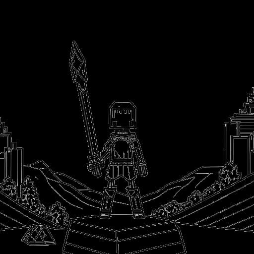 Dibujo de arte lineal de Technoblade sosteniendo una espada de diamante, de pie frente a un paisaje de Minecraft, en un fondo blanco