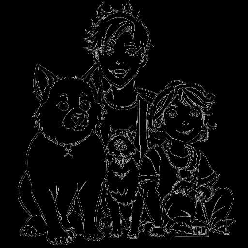 Dibujo de arte lineal de Technoblade rodeado por sus tres hermanas, su hermano Chris y su perro mascota Floof, en un fondo blanco