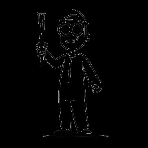 Dibujo de arte lineal de Technoblade vistiendo una bata de hospital y sosteniendo una muleta, haciendo un gesto de pulgar hacia arriba, en un fondo blanco