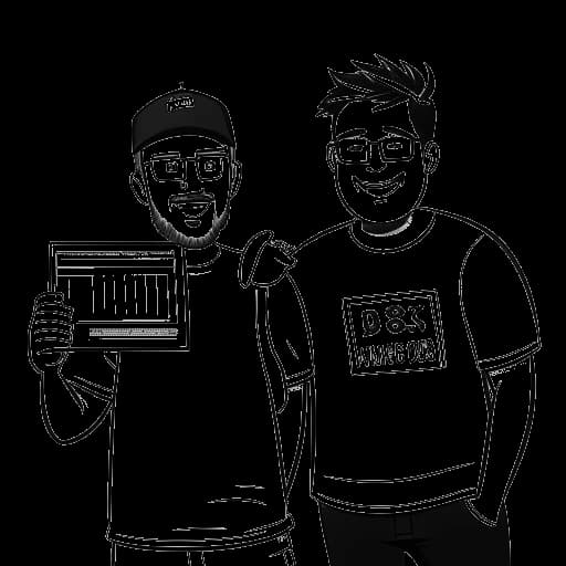 Dibujo de arte lineal de Technoblade sosteniendo un gran cheque por $100,000, de pie junto a MrBeast, en un fondo blanco