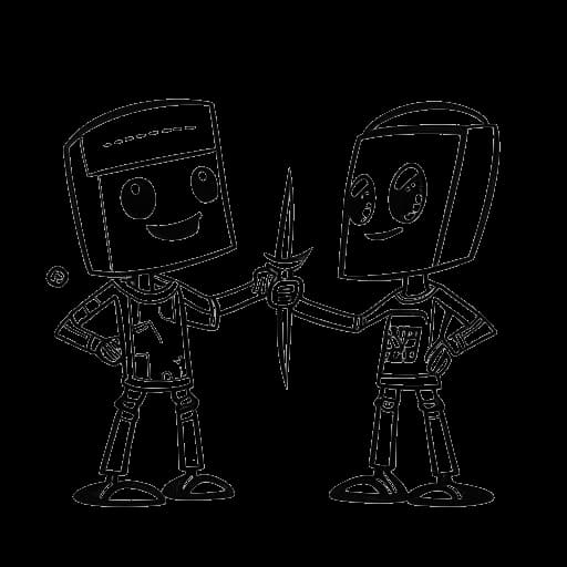 Dibujo de arte lineal de Technoblade y Dream enfrentándose el uno al otro con sonrisas juguetonas, sosteniendo picahiezos de Minecraft, en un fondo blanco