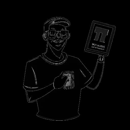 Dibujo de arte lineal de Technoblade sosteniendo una placa de reproducción de plata de YouTube, con el número 15 millones mostrado en una pantalla en el fondo, en un fondo blanco