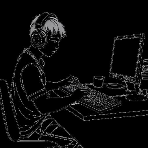 Dibujo de arte lineal de un adolescente, representando a Technoblade, sentado en un escritorio editando un video en una computadora, con auriculares puestos, en un fondo blanco