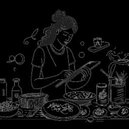 Desenho em arte linear de uma mulher, incorporando a paixão de Gabbriette pelas artes culinárias e influência nas redes sociais. Ela está mostrada preparando pratos inovadores, com utensílios de cozinha e um dispositivo digital exibindo sua presença online. O aconchegante ambiente da cozinha realça a representação geral de sua jornada culinária.