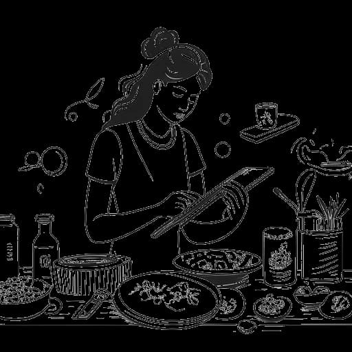 Desenho em arte linear de uma mulher, incorporando a paixão de Gabbriette pelas artes culinárias e influência nas redes sociais. Ela está mostrada preparando pratos inovadores, com utensílios de cozinha e um dispositivo digital exibindo sua presença online. O aconchegante ambiente da cozinha realça a representação geral de sua jornada culinária.