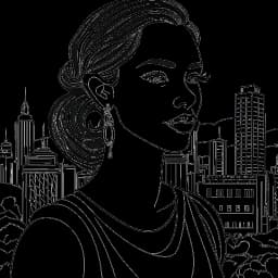 Desenho em arte linear de uma mulher, representando Gabbriette, incorporando as origens mexicana e suíço-alemã. Sua postura reflete confiança e elegância, sugerindo a superação de desafios passados. A paisagem urbana ao fundo adiciona um toque dinâmico à imagem, toda em preto e branco.