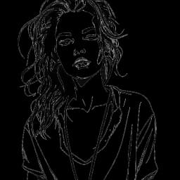 Desenho em arte linear de uma mulher, representando Gabbriette, imersa na música e na moda. Seu estilo reflete influências góticas e grunge dos anos 90, entrelaçadas com um toque de mistério de sua conexão com Matty Healy. O cenário inspirado em casa de show musical adiciona profundidade à imagem geral.
