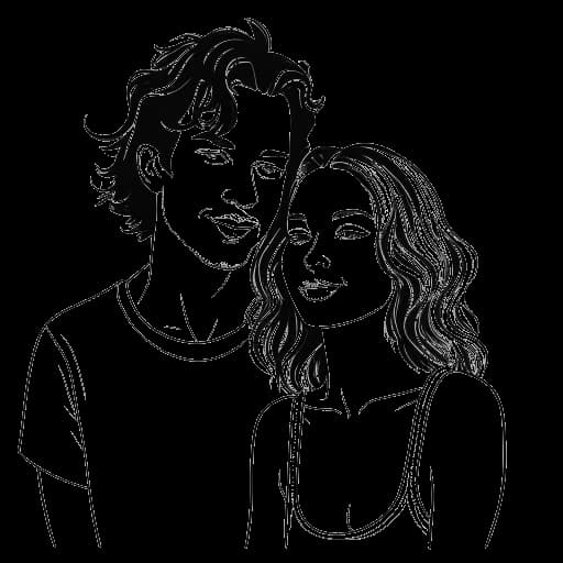 Dibujo de arte lineal de una mujer, que representa a Gabbriette, con Matty Healy de The 1975, saliendo en septiembre de 2023