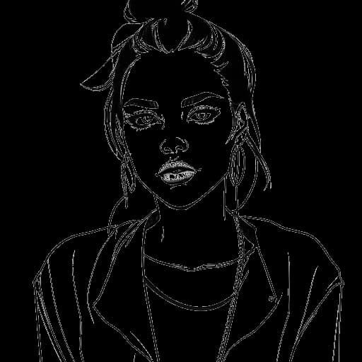 Dibujo de arte lineal de una mujer, que representa a Gabbriette, con un estilo 'grunge' de los años 90 y estilo gótico
