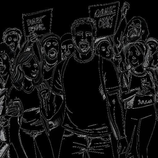 Desenho em arte linear de Adam McIntyre denunciando uma figura representando Colleen Ballinger. Apoiadores segurando cartazes com mensagens de solidariedade o cercam. O fundo é branco.