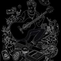 Desenho em arte linear de Adam McIntyre tocando ukulele. Ele está cercado por objetos relacionados à moda e estilo de vida. O fundo é branco.