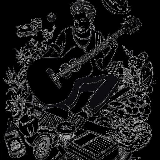 Desenho em arte linear de Adam McIntyre tocando ukulele. Ele está cercado por objetos relacionados à moda e estilo de vida. O fundo é branco.