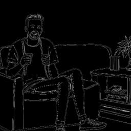 Desenho em arte linear de Adam McIntyre sentado em um sofá de talk show, segurando um microfone. Uma tela de TV ao fundo exibe seu canal do YouTube. O fundo é branco.