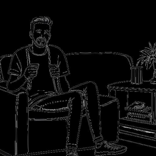 Desenho em arte linear de Adam McIntyre sentado em um sofá de talk show, segurando um microfone. Uma tela de TV ao fundo exibe seu canal do YouTube. O fundo é branco.