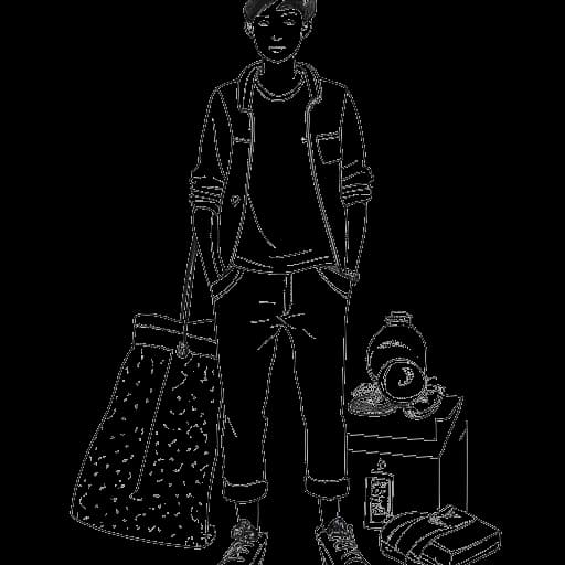 Dibujo de línea de un niño, representando a Adam McIntyre, mostrando artículos de moda y estilo de vida.